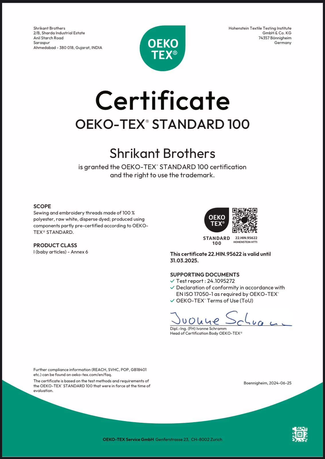 Certificate OEKO-TEX STANDARD 100